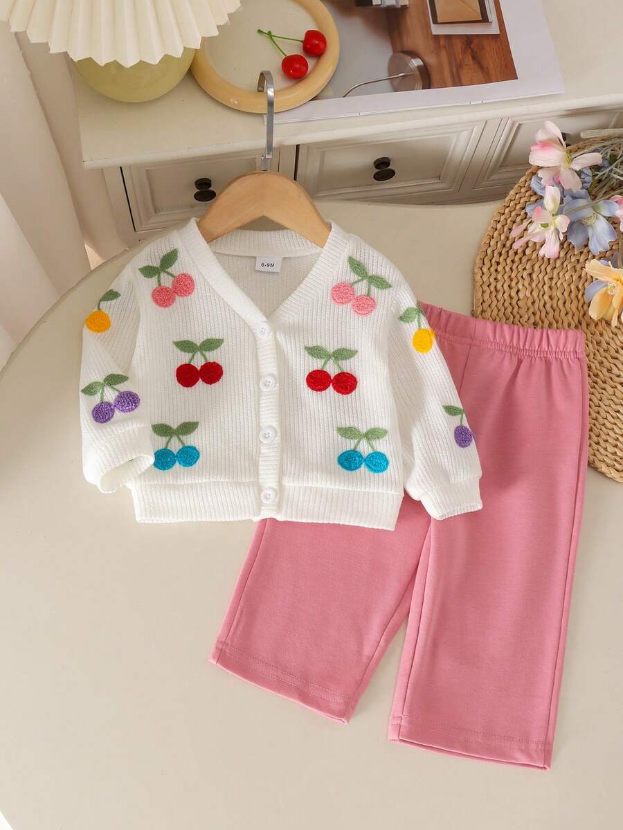2pcs Set Baju Bayi Perempuan Manis dan Lucu Motif Dopamin dan Ceri dengan Bordir, Lengan Panjang, Cardigan Rajut & Celana Kasual, Musim Semi/Musim Gugur - Putih - View 1