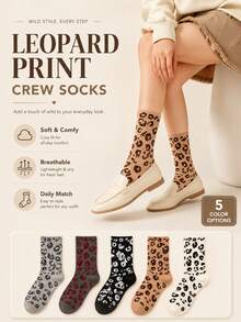 4 Pairs Women's Fashion Leopard Print Mid-Calf Socks, Breathable And Comfortable, Christmas Gift, Random Color, Suitable For Daily Wear And Outings, All Seasons - Multicolor - View 1