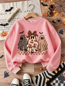 Halloween Girls Cartoon Ghost Print Crew Neck Sweatshirt, Suitable For Autumn/Winter, Young Students, Comfortable Casual Long Sleeve Top - Pink - View 1