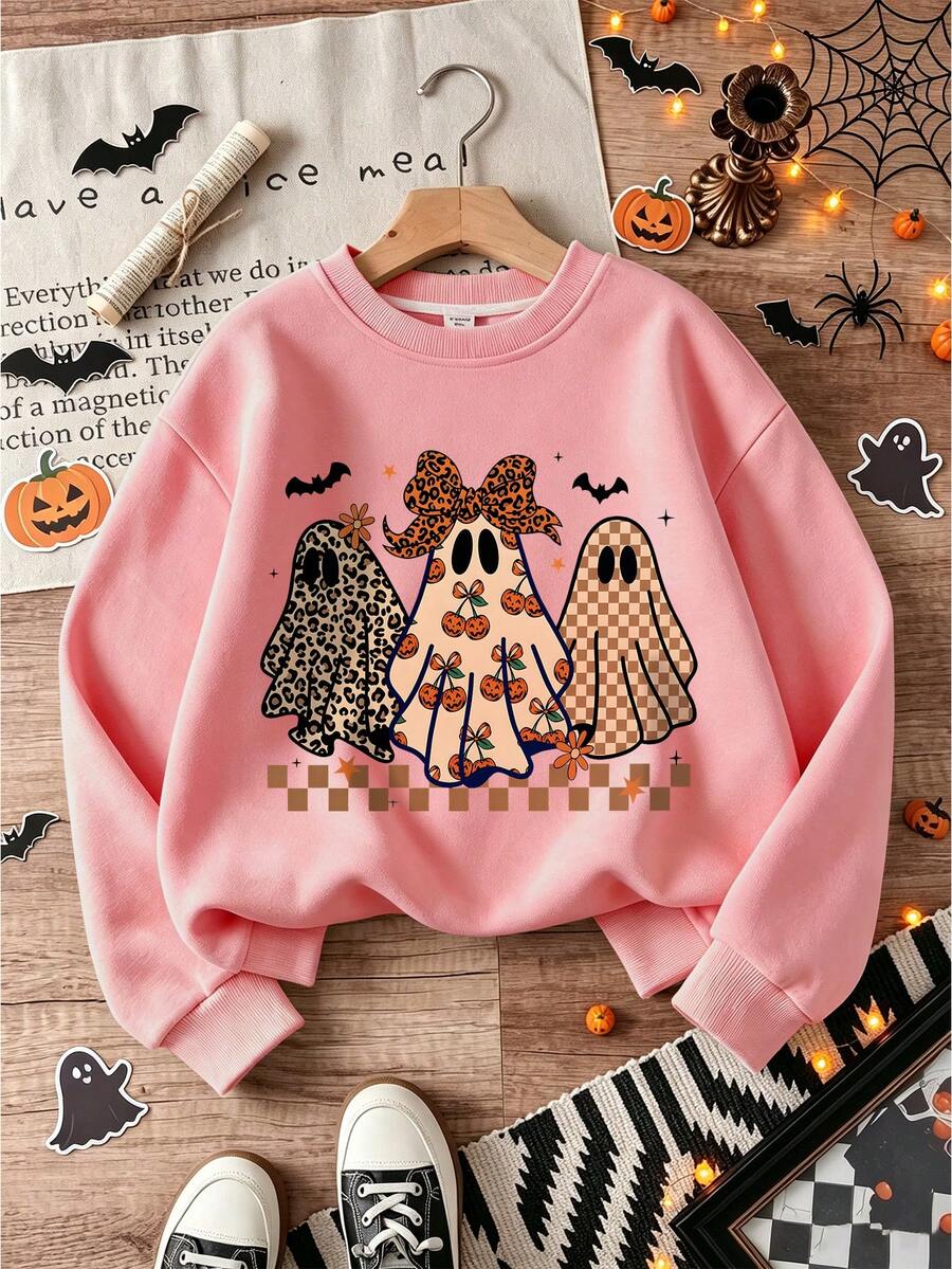 Halloween Girls Cartoon Ghost Print Crew Neck Sweatshirt, Suitable For Autumn/Winter, Young Students, Comfortable Casual Long Sleeve Top - Pink - View 1