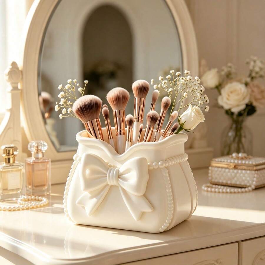 Bowknot Makeup Brush Holder, Desktop Pen Holder Storage Box, 3D Printed Makeup Display Rack, Vanity Makeup Tool Storage Box, Bathroom Skincare Organizer, Ins Style Desktop Decor, Multi-Functional Desktop Storage Basket, Girly Makeup Storage Container, Hair Accessory Storage Box, Home Decor, Bathroom Accessories - White - View 1