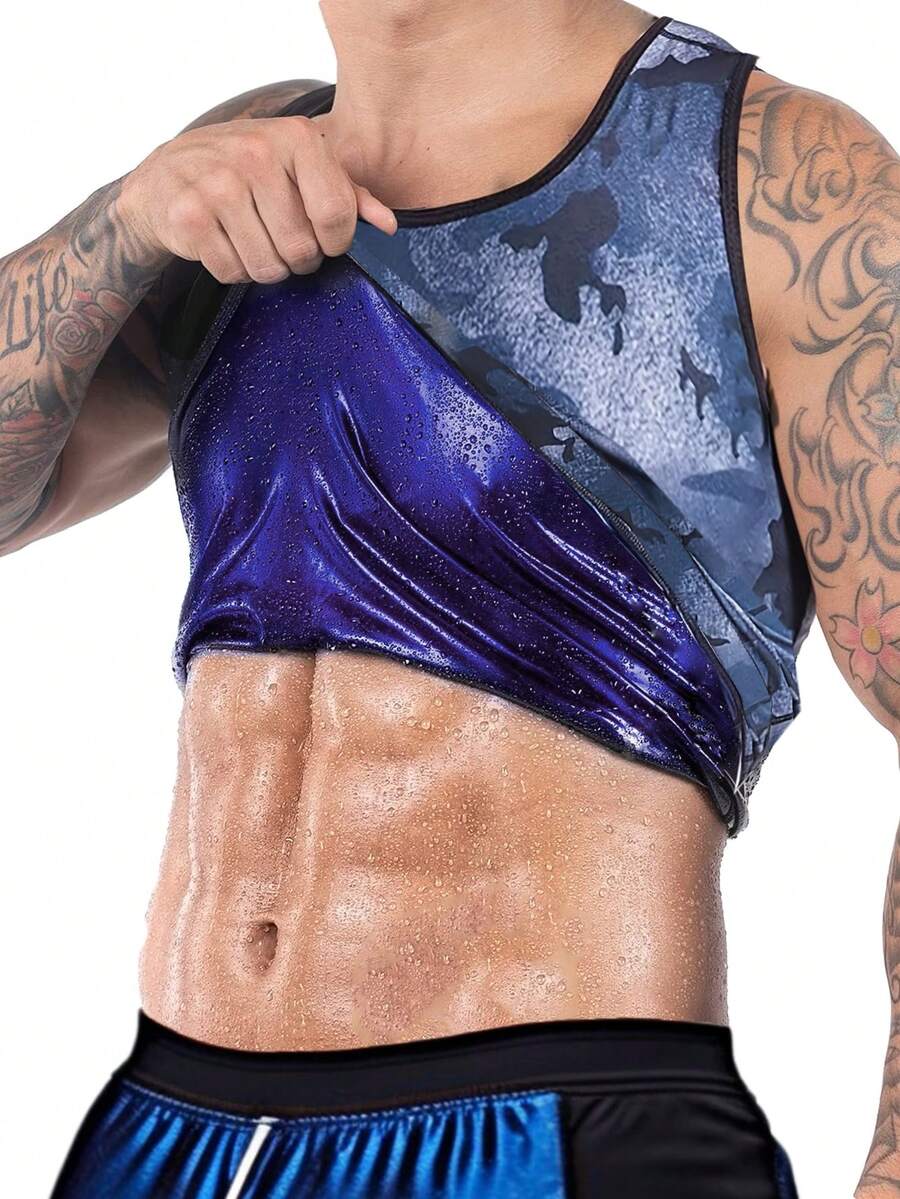 Chaleco deportivo de compresión para hombres, camiseta de tirantes que induce la sudoración de sauna, camisa de compresión de pecho ajustada (pedir una talla talla grande grande) otoño - Neblina azul - Ver 1