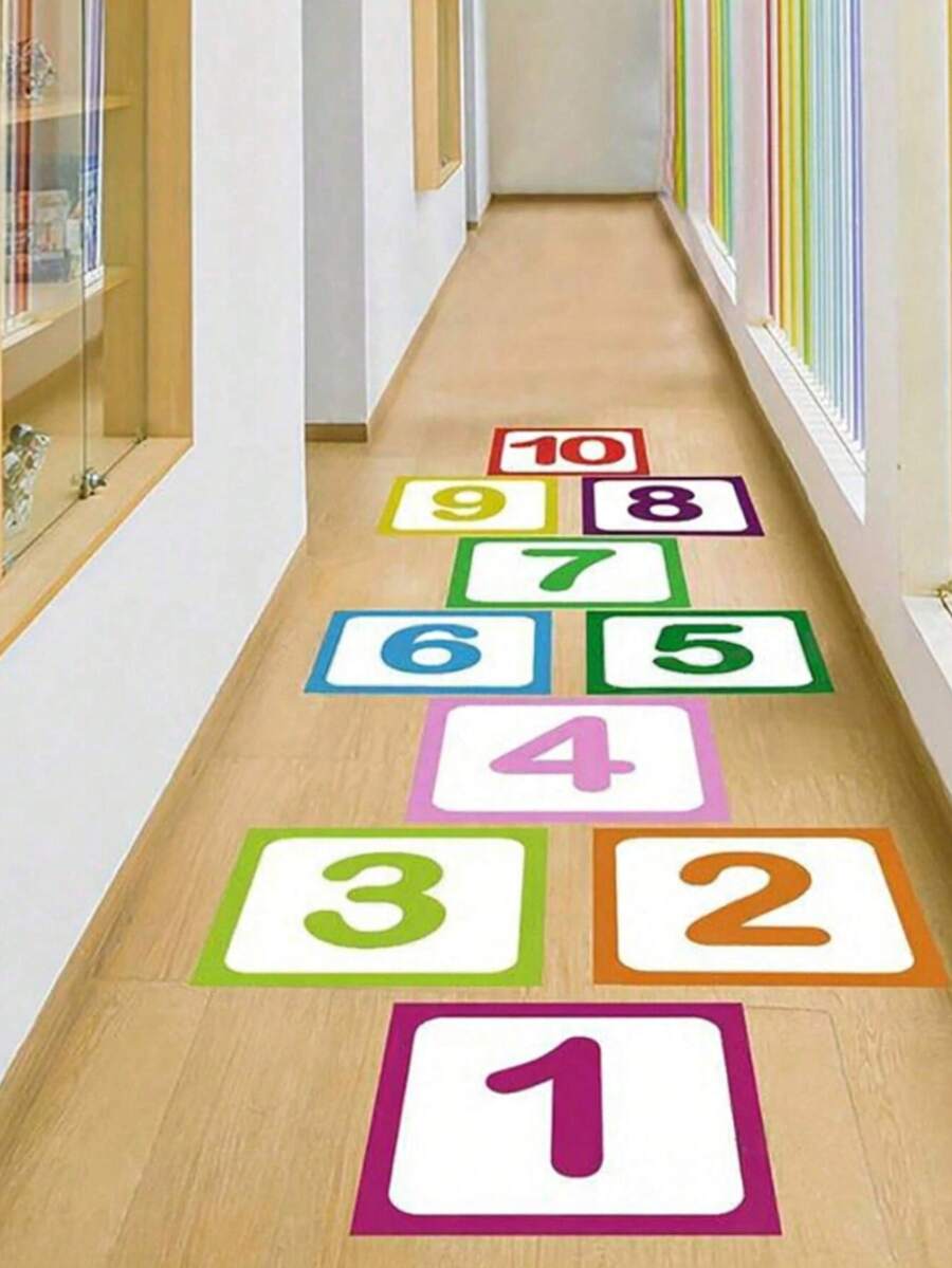 10 Pcs/Set Bright Plaid Digital Floor Decor Stickers - Waterproof, Self-Adhesive, Removable, Easy To Clean - Perfect For Inflatable Castles And Home Decor - Multicolor - View 1
