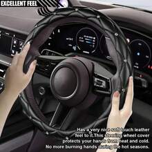 1件人造羊皮軟皮革水鑽閃亮汽車方向盤套，適用於14.5-15英吋圓形方向盤，汽車內飾配件，中性黑色 - A - 查看 3
