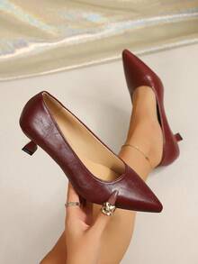Women's Fashion Pointed Toe High Heel Shoes, Casual Slip-On Chunky Heel Pumps, Suitable For Office, Commute, Party - Burgundy - View 2