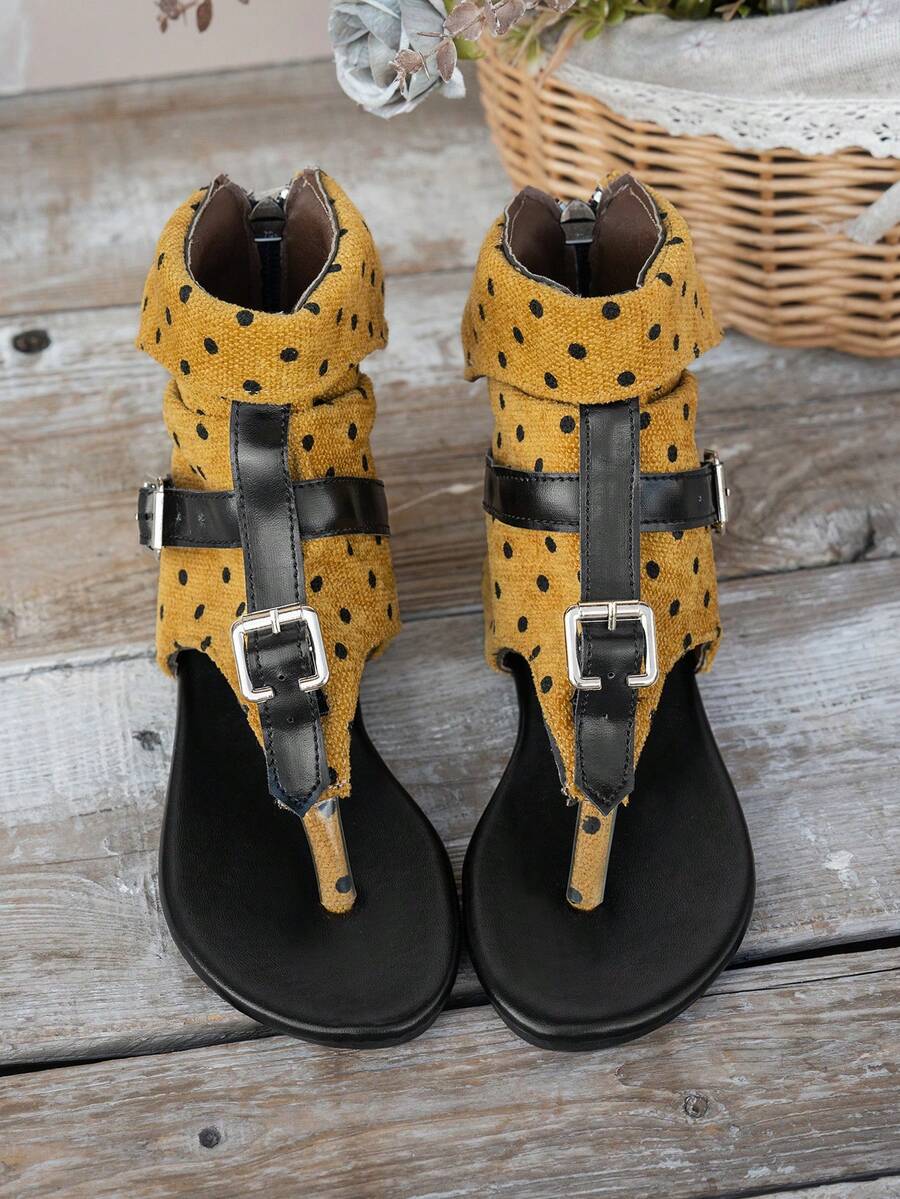 1 Pair Kids Flat Sandals With Toe Strap, Open Toe, Chinese Knot Decor, Rhinestone Embellishment, Single Strap Buckle, Suitable For Beach, Camping, Gathering, Shopping, Walking, Playing, Photo Taking - Yellow - View 1