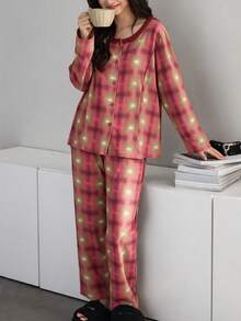 2pcs/Set Women's Pajamas Loungewear, Asymmetrical Print Long Sleeve Pants, Easy Care Fabric - Red - View 7