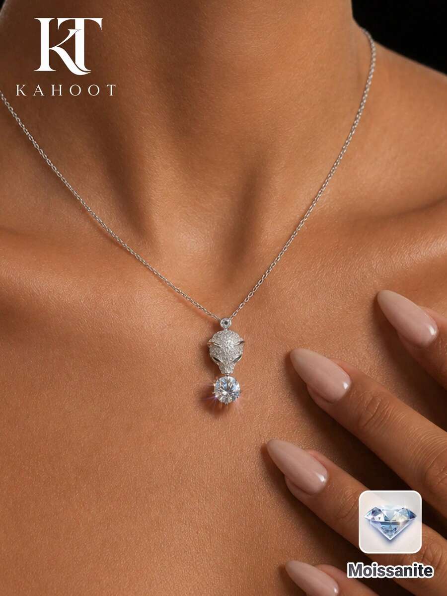 KAHOOT 925 Sterling Silver 2ct Moissanite Leopard Head Design Necklace, Unisex Couple Necklace, Suitable For Daily Wear, Dating, Party And Gathering