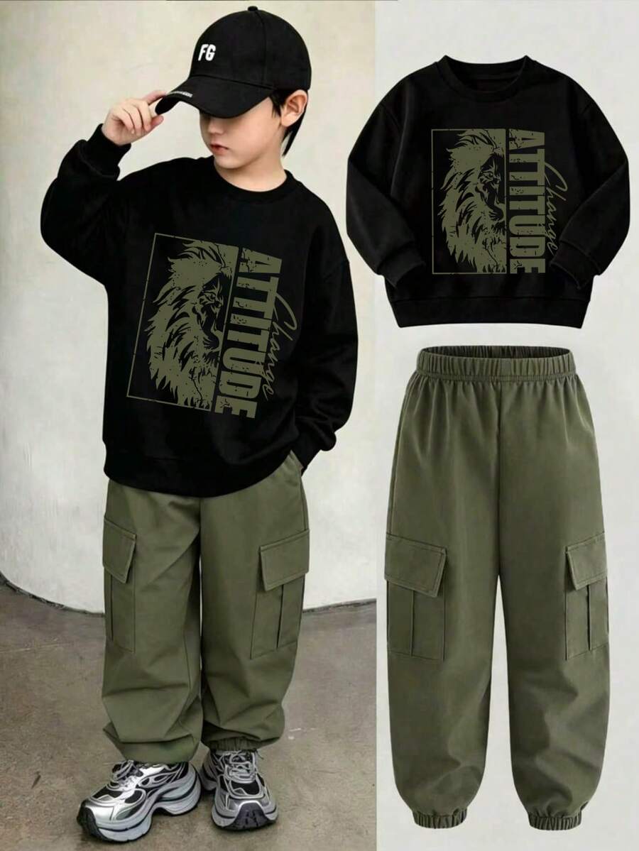 Tween Boy Letter Lion Graphic Crew Neck Sweatshirt And Sweatpants Set - Army Green - View 1