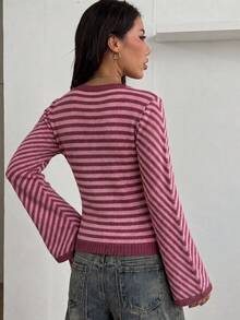 Women's Striped Crew Neck Short Knit Sweater, Vintage Style Top, Suitable For Daily Outings And Coffee Dates - Red - View 8