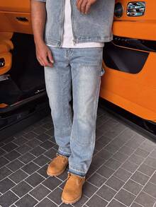 Light Blue Distressed Workwear Flared Men's Jeans, Patchwork Design With Double Side Cargo Pockets, Frayed Hem, Slimming Long Pants, Casual Relaxed Daily Commute Denim - Light Wash - View 1