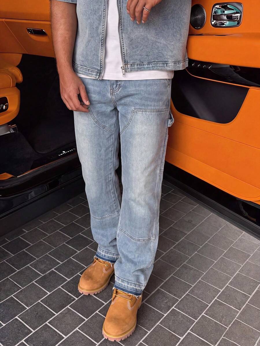 Light Blue Distressed Workwear Flared Men's Jeans, Patchwork Design With Double Side Cargo Pockets, Frayed Hem, Slimming Long Pants, Casual Relaxed Daily Commute Denim - Light Wash - View 1