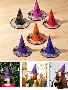Halloween Witch Hat With Spider & Gold Foil Print, Decorative Prop, Non-Woven Fabric & Mesh Pointed Hat, Sexy Adult Witch Headpiece, Suitable For Holiday Parties, Wizard Costume Accessory - Multicolor - View 5