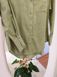 Women's Long Sleeve Button-Down Shirt - 綠linho - 查看 4