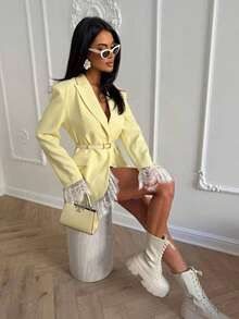 Women's Fashion Polyester Long Sleeve Colorblock Lace Blazer Dress With Belt, All-Season Wear, Regular Length - Yellow - View 8