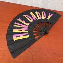 Black Background Colorful English Print Hard Bone Clacker Fan Rave Theme Music Festival Interactive Handheld Prop Foldable Portable Cooling Fan - Multicolor - View 2