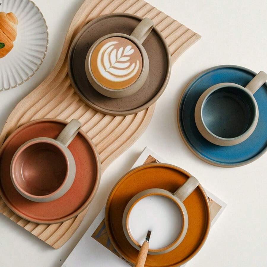 2 Pieces Coffee Cup Set, Vintage Coarse Pottery Japanese Mug And Saucer Set, Nordic Afternoon Tea And Breakfast Cup, Back To School Season - Multicolor - View 1