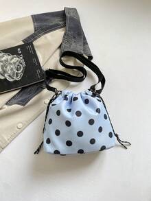 1 pieza Bolso cubo de nailon de unicolor con cordón y patrón de lunares, bolso bandolera de moda para mujer - Celeste - Ver 10