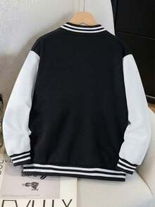 Boys' & Teens' Colorblock Sports Cardigan Baseball Jacket, Autumn/Winter Fashion Casual Loose Fit Jacket - Black - View 5
