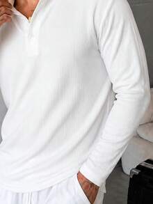 男士直條紋長袖 Polo 衫，紋理領口半開襟修身休閒針織長袖上衣 - 白色 - 查看 7