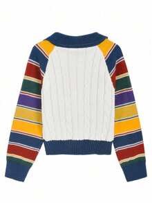 Korean Style Rainbow Striped Collar Long Sleeve Double Zipper Knit Cardigan Women's Autumn/Winter - White - View 3