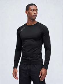 mulinsen Men's Letter Print Raglan Sleeve Quick-Dry Long Sleeve T-Shirt, Slim Fit Fitness Running Sports Base Layer Top - Black - View 3
