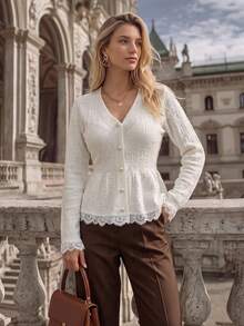 NiceArt Women's V-Neck Lace Trim Knitted Cardigan, Ruffle Hem, Button Front, Long Sleeve Fitted Sweater Jacket, Suitable For Office, Daily, Date And Casual Occasions - White - View 2