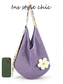 Crochet Flower Decor Colorful Square Crochet Strap Knitted Shoulder Bag Open Closure Spacious Convenient Access Suitable For Travel Vacation Outing Commute Shopping - Purple - View 3