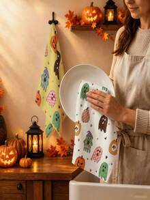 2 Packs Retro Cartoon Ghost & Pumpkin Halloween Hand Towels, Soft Printed Absorbent Kitchen Dish Tea Towels For Home Party Decoration - A - View 2
