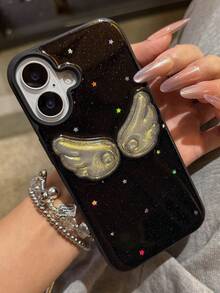 Glitter Star 3D Wing Phone Case Compatible With Apple 17 Pro Max, 16, 15 Pro, 18, 14, 13, 12 Pro, 16e, XS Max, Soft Epoxy Protective Cover, Anti-Drop, Girly Style, 18 Pro Max - Black - View 3