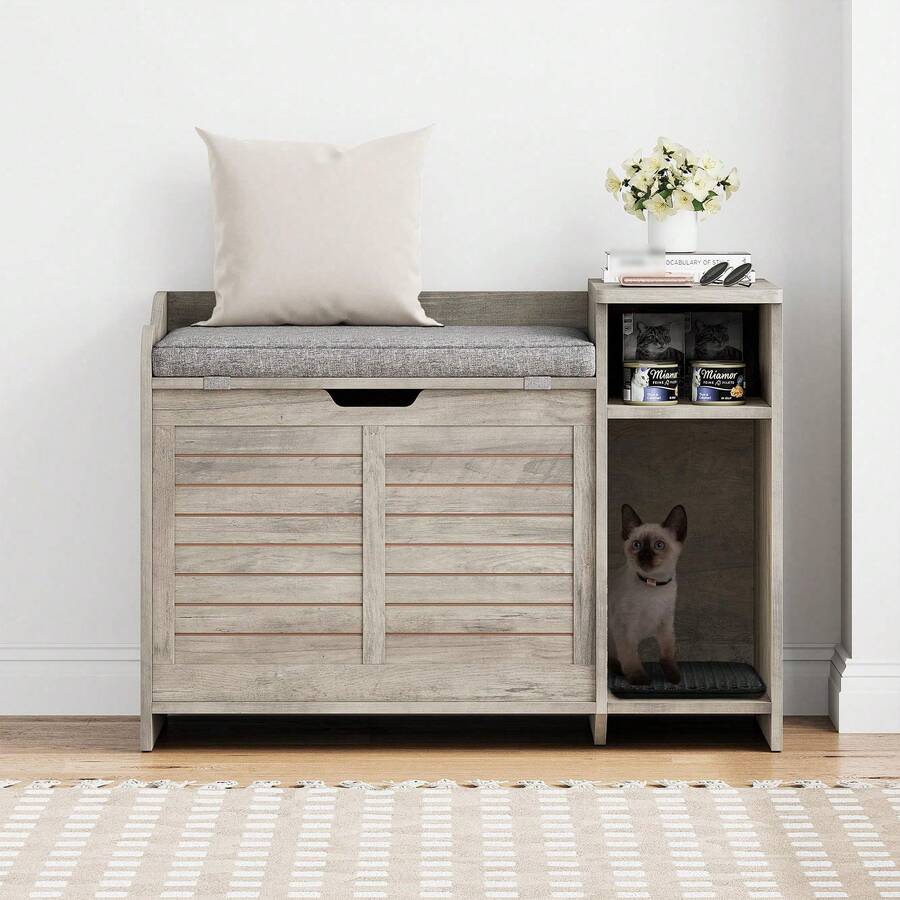 Techigher Litter Box Enclosure, Modern Cat Litter Box Enclosure Furniture Hidden With Cushion, Cat Washroom House End Table With Scratch Pad, Entryway Bench For Livingroom - Grey - View 1