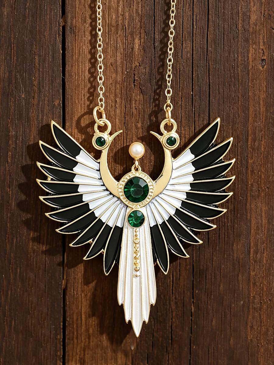 1pc Black & White Angel Wing Pendant Inlaid With Synthetic Green Gemstone & Faux Pearl Layered Feather Elegant Zinc Alloy Necklace - Gold - View 1