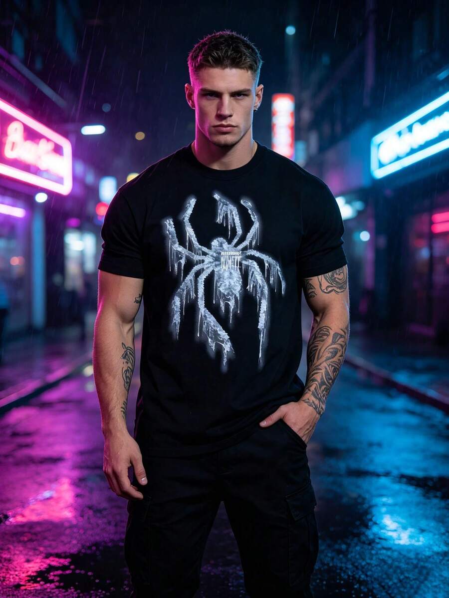 Men's Casual Crew Neck Graphic T-Shirt With Exquisite Spider Prints, Street Style For Summer Daily Wear - 黑色 - 查看 1