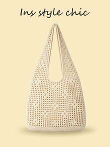 Mesh 3D Crochet Hollow Out Knitted Shoulder Bag, Transparent Mesh Lightweight Breathable Large Capacity Open Top Design, Niche Style, Suitable For Vacation, Travel, Dating, Shopping, Commuting, Outdoor Outings (No Lining) - Apricot - View 8