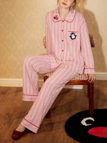Gongdie 2 Pieces Women Pajama Set,Fall Pink Striped Soft Cotton Loungewear With Red Contrast Piping And Penguin Graphic - Pink - View 2