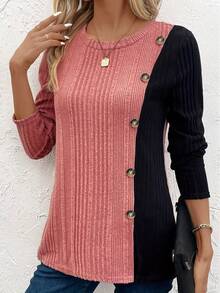 UJX 優雅女款休閒拼色鈕扣裝飾羅紋針織圓領長袖上衣，秋冬時尚必備 - 紅色 - 查看 1