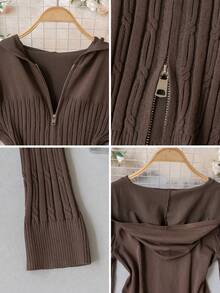 Korean Style Casual Hooded Zip-Up Knit Sweater, Slim Fit Flattering Textured Long Sleeve Top, Versatile Outerwear, Can Be Worn Alone Fall - Brown - View 11