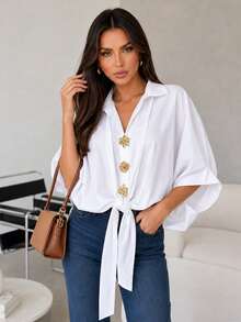 ChicMe Women's Palace Style Lapel Batwing Sleeve Gold Floral Button Front Loose Tie Front Casual Blouse - White - View 4