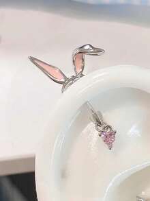 1pc Cute Sweet Pink Rabbit Ear Stud Earring, Versatile Cartilage Earring For Women (Single) - Silver - View 6