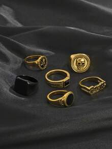 6 Piezas / Set Conjunto De Anillos De Diseño De Cráneo Y Letra Con Estilo De Moda Callejera Para Uso Casual Diario De Hombres, Estilo Punk - Amarillo Oro - Ver 3