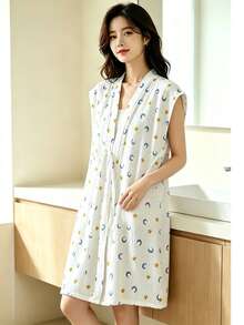 純棉紗布印花前綁帶浴袍，透氣和服風居家服，適合成人浴室、桑拿、早晨穿著 - 星月 - 查看 1