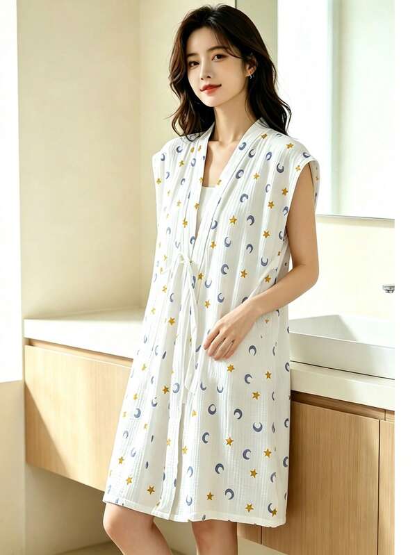 Pure Cotton Gauze Printed Tie-Front Bathrobe, Breathable Kimono-Style Loungewear For Adults, Bathroom Sauna Morning Robe