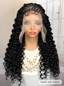 22 Inch Natural Corn Braid Woven Wig, Synthetic Fiber 13x6 Lace Front Jerry Curl Braided Wig With Baby Hair, Halloween - Black - View 3