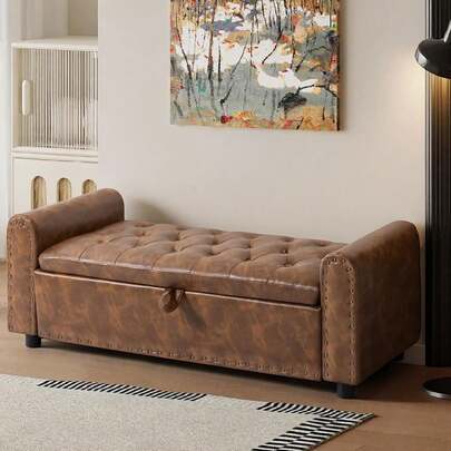 Forty Eight Inch Ottoman With Storage, Tufted Storage Ottoman Bench, Convenient Living Room Fabric Bench Seat, Entryway Shoe Bench With Inner Zipper And Arms, Upholstered Window Seat Ottoman, Beige
