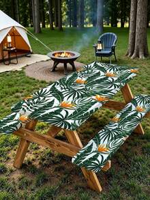 3 Pieces Picnic Tablecloth Set With Bench Cover, Elastic Edge Design, Leaf Pattern With Colorful Floral Accents, Washable Rectangular Tablecloth, Suitable For Weddings, Camping, Picnics, Garden Parties And More, Practical Essential - C - View 1
