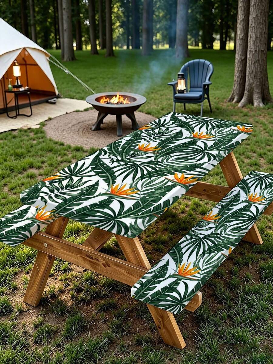 3 Pieces Picnic Tablecloth Set With Bench Cover, Elastic Edge Design, Leaf Pattern With Colorful Floral Accents, Washable Rectangular Tablecloth, Suitable For Weddings, Camping, Picnics, Garden Parties And More, Practical Essential - C - View 1