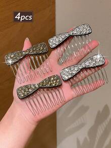 4pcs Women's Latest High-Top Volumizing Bow Rhinestone Seamless Invisible Backcomb Hair Clips, Side Hair Taming Volumizing Tool Small Backcomb Hair Clips For Bangs, Hair Styling Volumizing Top Clips, Makeup Positioning, Beach Vacation, Face-Slimming, Princess Gift Hair Accessories - Multicolor - View 4