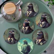 6pcs Heat-Insulating Wooden Coasters, Creative Suit Pigeon Pattern, Suitable For Home, Office And Party Beverage Coasters, Durable Absorbent Coasters, Perfect Holiday Gift - Multicolor - View 5