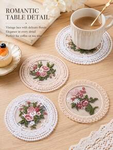 1pc Vintage Floral Lace Coaster Set, Romantic Embroidered Coasters, Coffee Table Decor - Multicolor - View 4