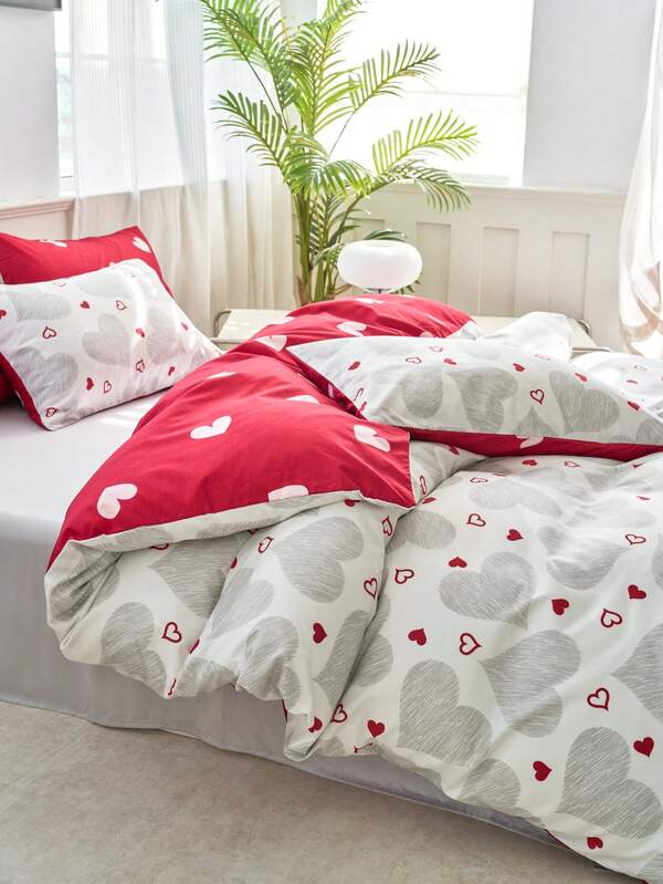2/3pcs Reversible Heart Print Duvet Cover Set, Soft Brushed Polyester Fiber Heart Pattern Bedding, Red And White Dual-Color Reversible Duvet Cover With Zipper Closure, 1 Duvet Cover + 1/2 Pillowcases (No Filling), Cute Bedding For Girls And Women, Valentine's Day Gift
